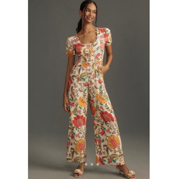 Farm Rio Anthropologie Puff Sleeve Botanical Floral Jumpsuit Size Medium - Picture 1 of 11